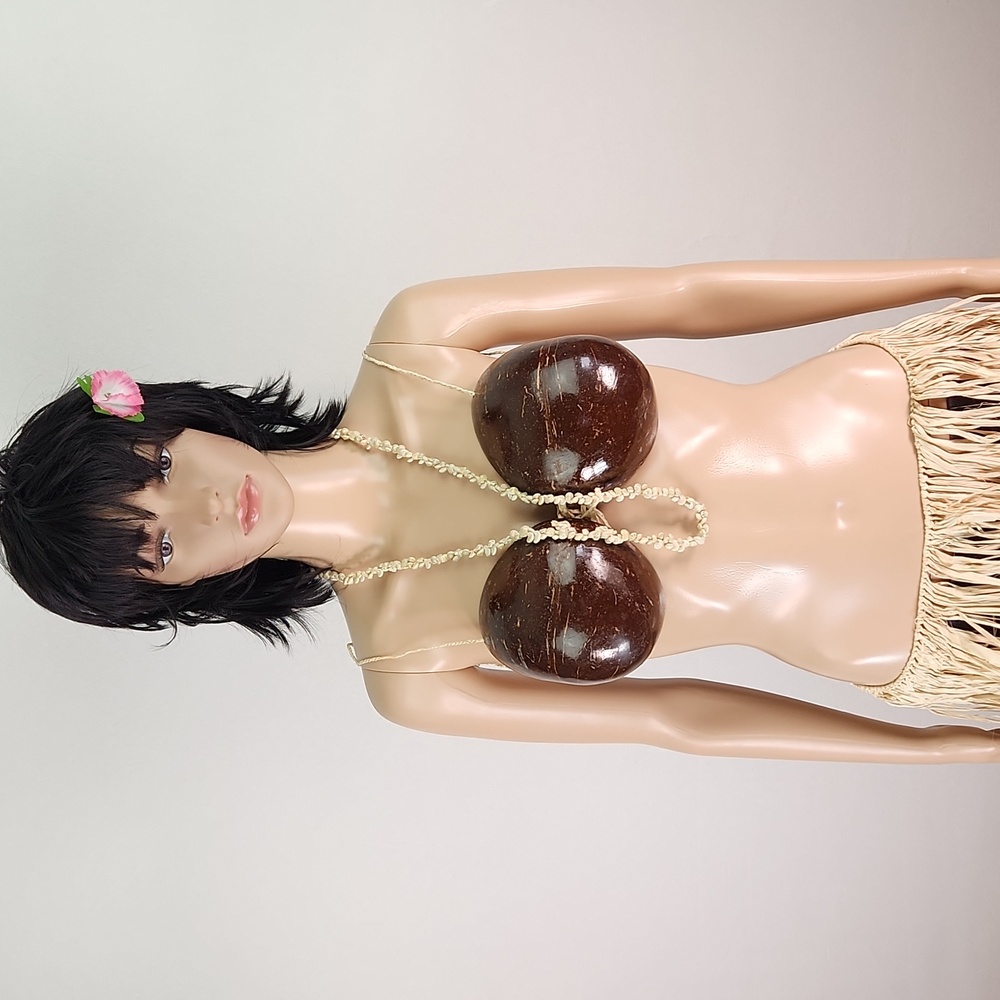 Hawaiian Coconut Bra And Rafia Hula Skirt Set, Adjustable Size, Handmade